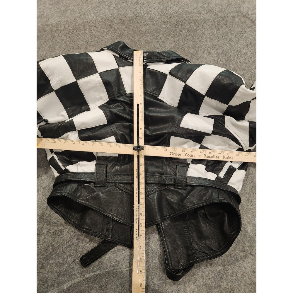 Vintage 80s Twins Jacket Womens Medium Leather Checkered Motorcycle Made in USA - Picture 7 of 12